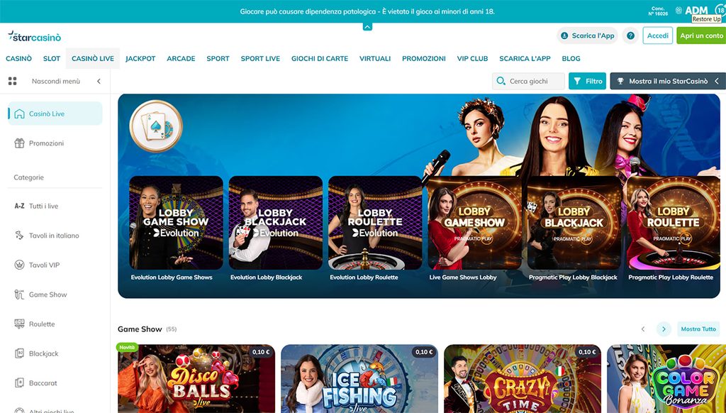 starcasino live lobby croupier italiano